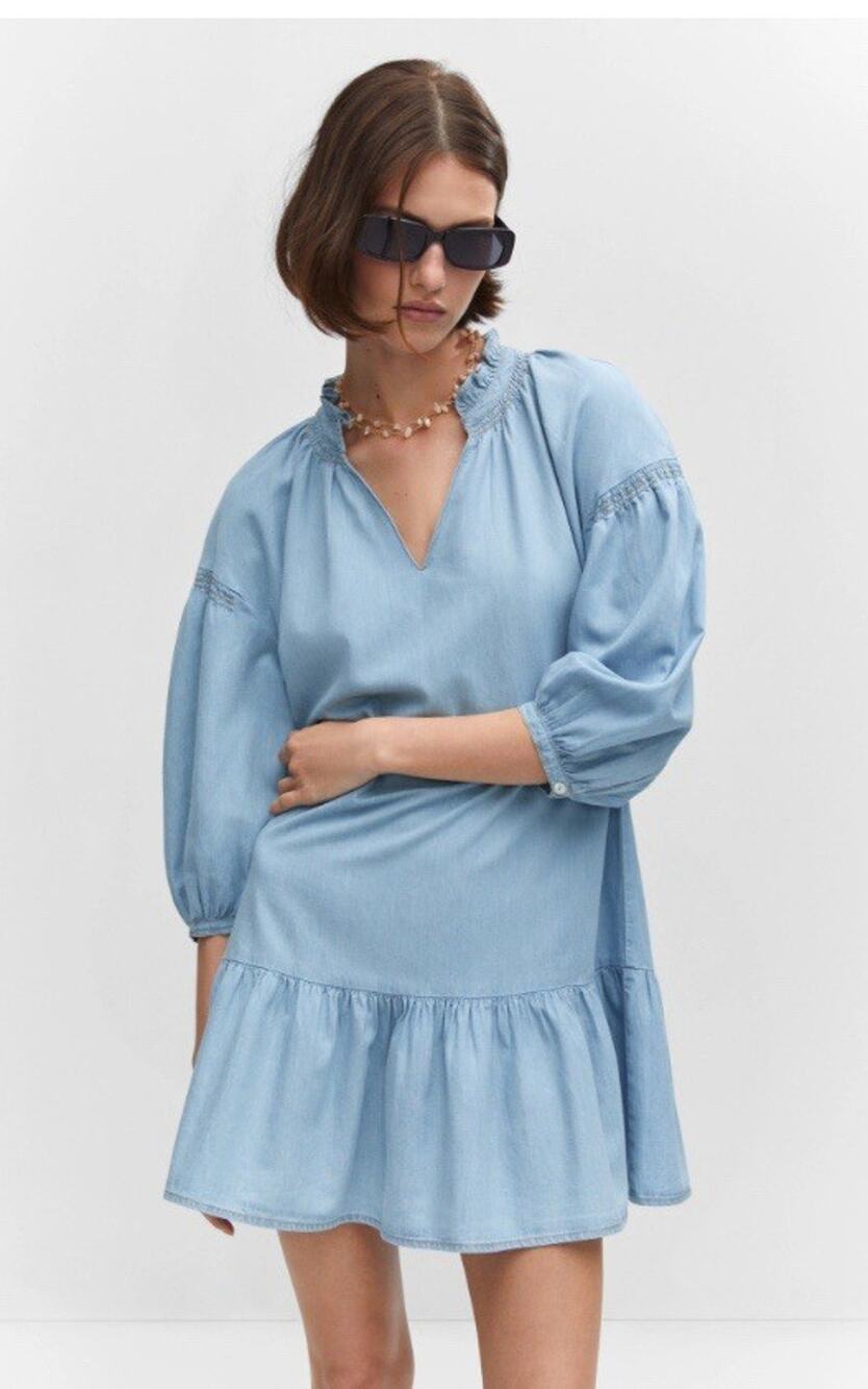 Mango Women’s Size Small Puff Sleeve Tiered Lightweight Denim Dress Cottagecore